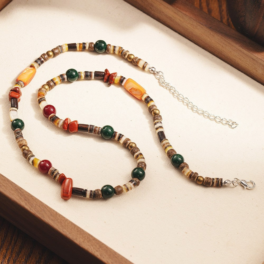 Bohemian Minimalist Geometric Wood and Turquoise Pendant Stainless Steel Ball Chain Necklace for Men and Women