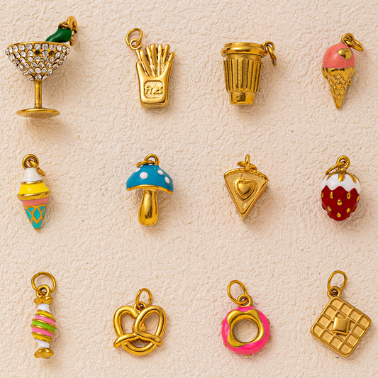 Vintage 18K Gold Plated Stainless Steel Strawberry Dessert Charm Bar for Women
