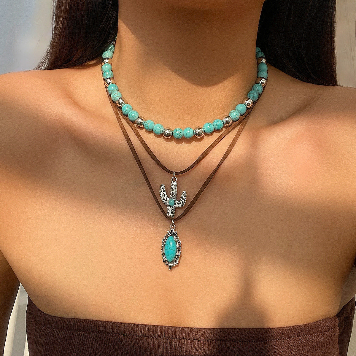 Set di collana con pendente geometrico vintage in lega di zinco con nappe e catena di perline da donna