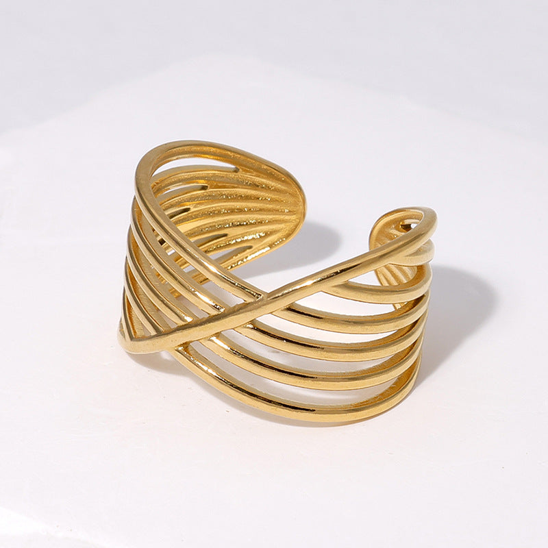 Anello Aperto da Donna Minimalista in Acciaio Inossidabile con Linee Geometriche e Finitura Placcata