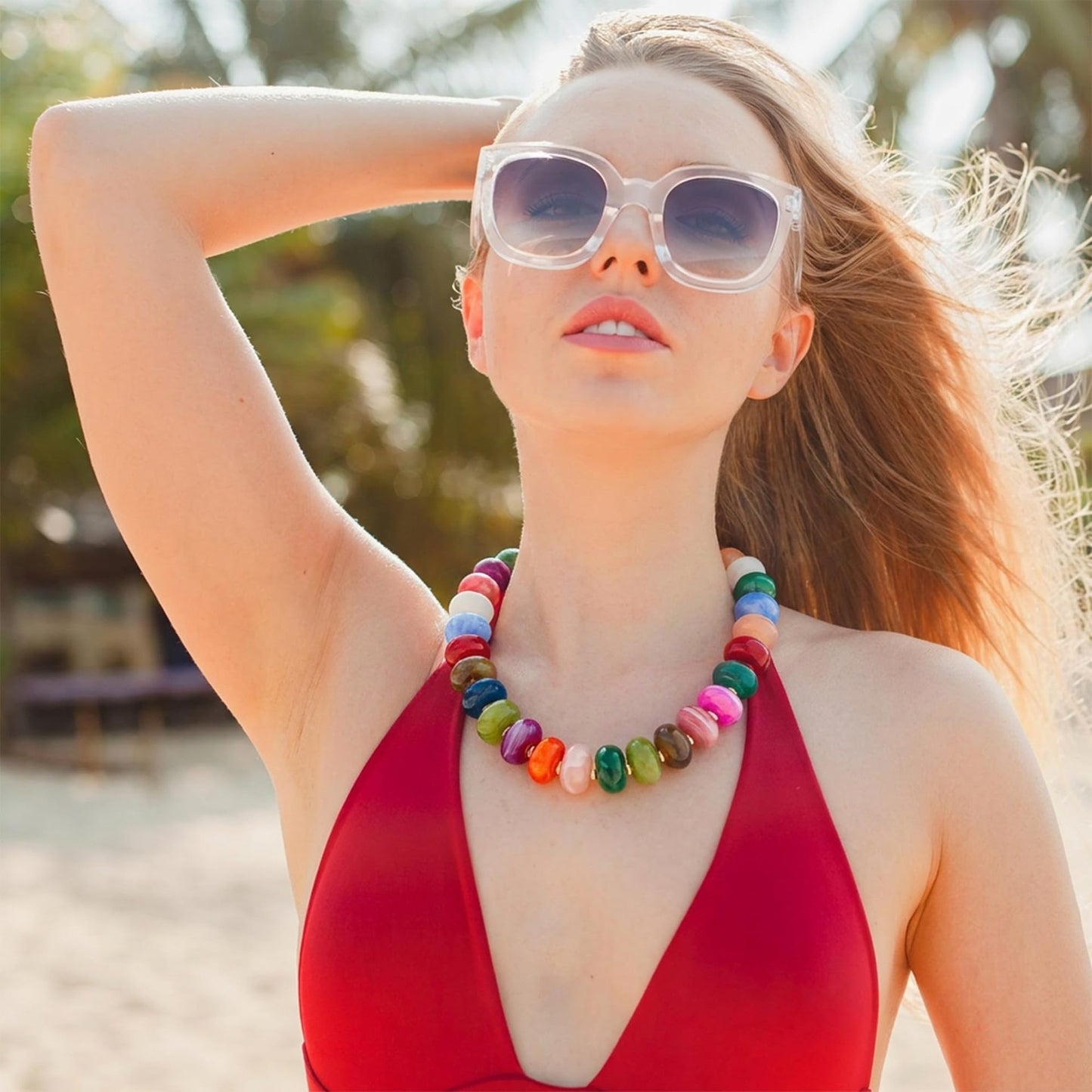 Casual Geometric Round Resin Beaded Necklace for Women Adjustable Collarbone Chain