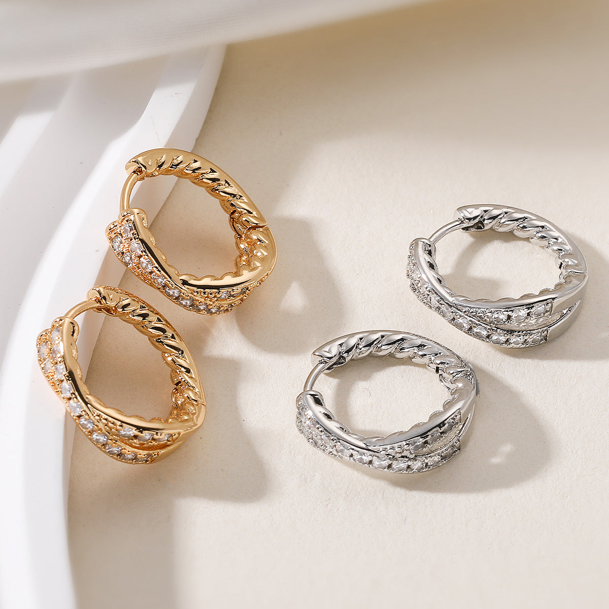 Vintage 18K Gold Plated Brass Geometric Cubic Zirconia Hoop Earrings for Women