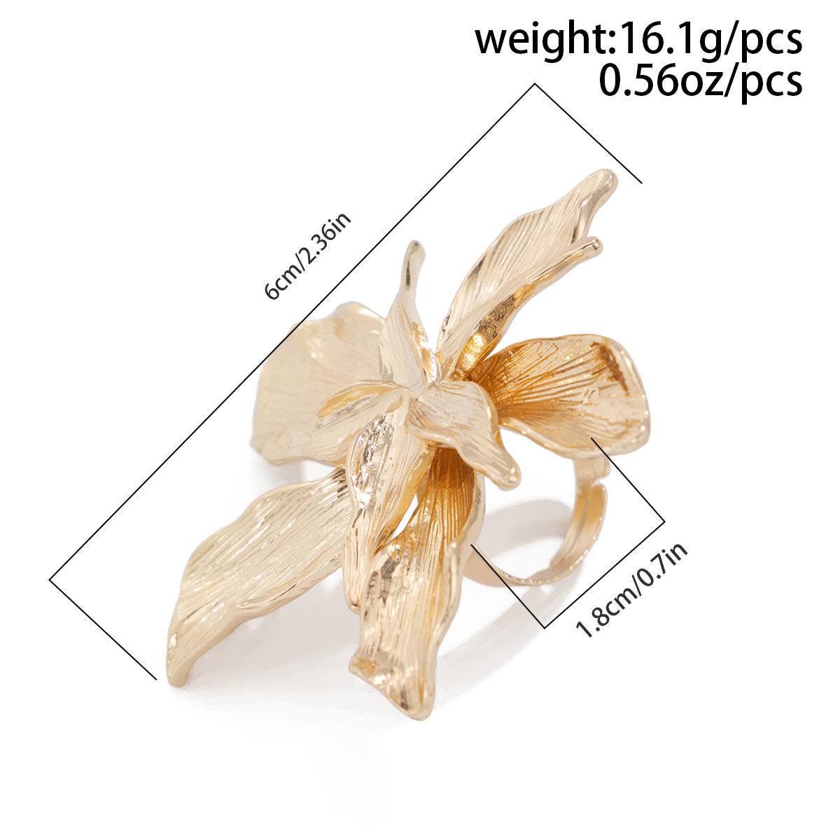 Anello aperto con fiore a cinque petali geometrico irregolare personalizzato con finitura in lega placcata