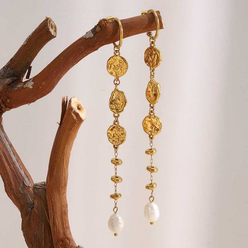 Minimalist Geometric Stainless Steel Earrings with 18K Gold Plating, Hammered Texture, Long Tassel Design, and Pearl Accents for Women