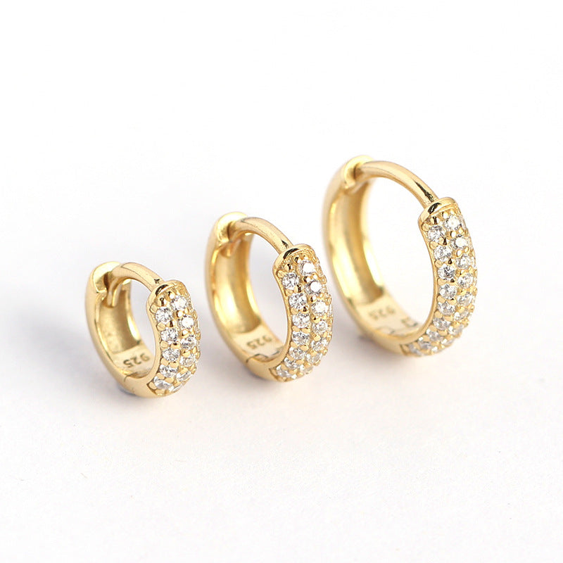 Minimalist Geometric S925 Sterling Silver Huggie Hoop Earrings with Triple Row Rhinestone Inlay