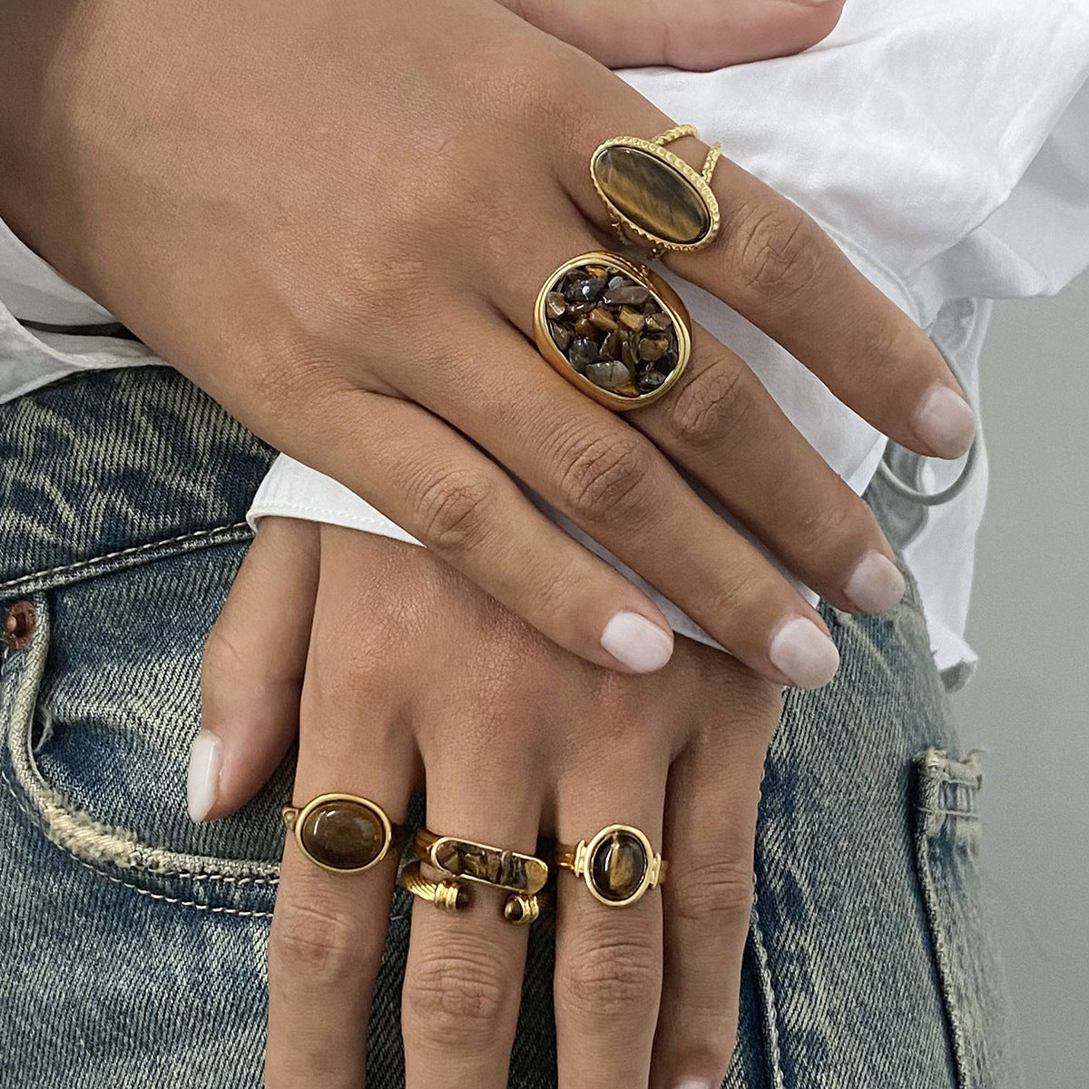 Geometric Stainless Steel Tiger Eye Ring with Plating Finish for Men and Women