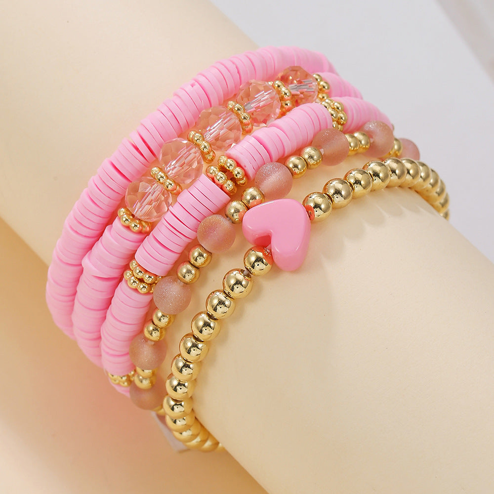Set di braccialetti elastici in argilla polimerica a forma di cuore in stile bohémien per bambini con un'estetica dolce