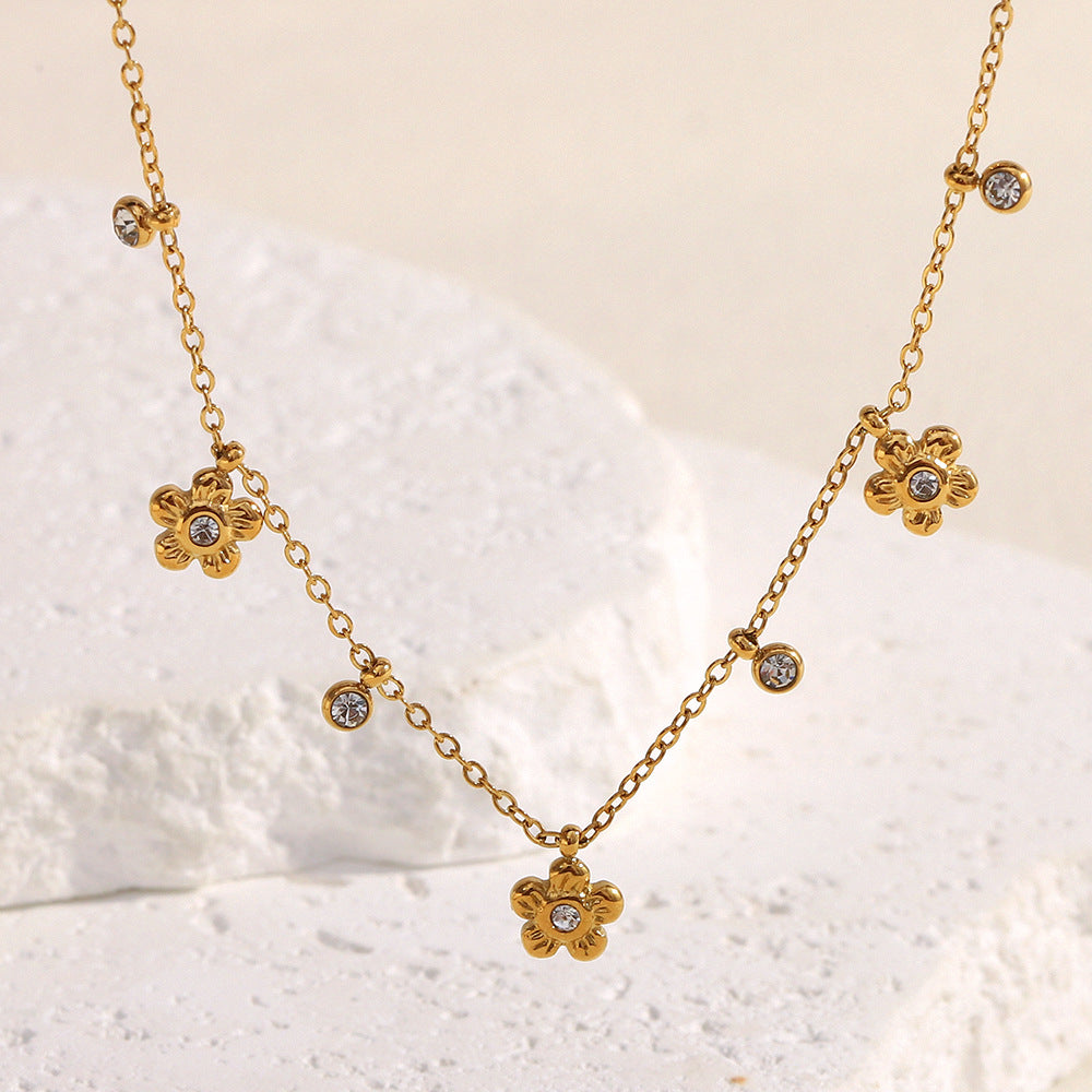Minimalist Floral Pendant Necklace with Zircon Accents, Stainless Steel Base and 18K Gold Plating for Women