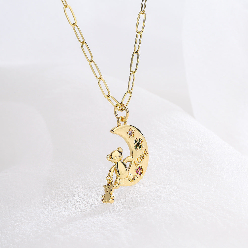 Cute Style Geometric LOVE Bear Pendant Necklace for Women with Copper Base Plated in 18K Gold and Micro-Paved Zirconia