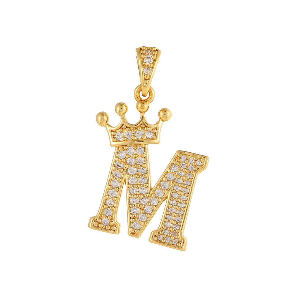 Gold Plated Brass Crown Letter Charm Bar with Cubic Zirconia for DIY Necklace Bracelet