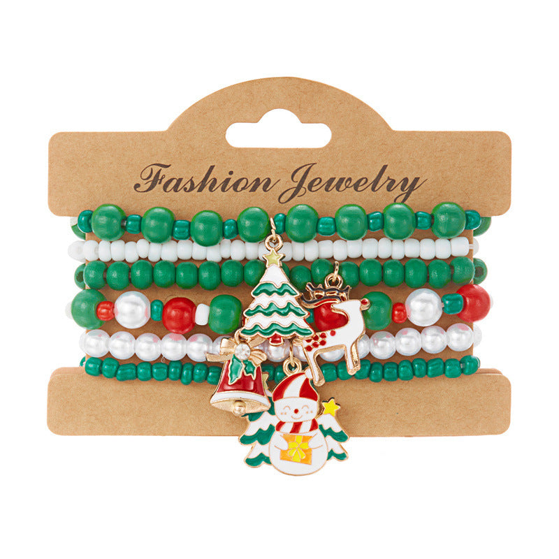 Bracciale Elastico Natalizio alla Moda con Perline in Lega e Ciondoli a Forma di Fiocco di Neve, Renna e Babbo Natale per Donna