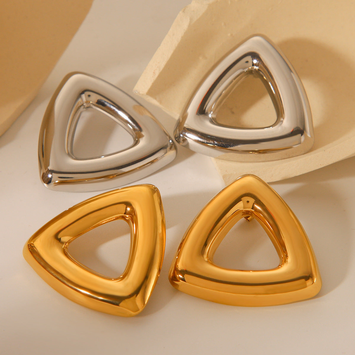 Geometric Triangle Stainless Steel Stud Earrings with 18K Gold Plating for Women