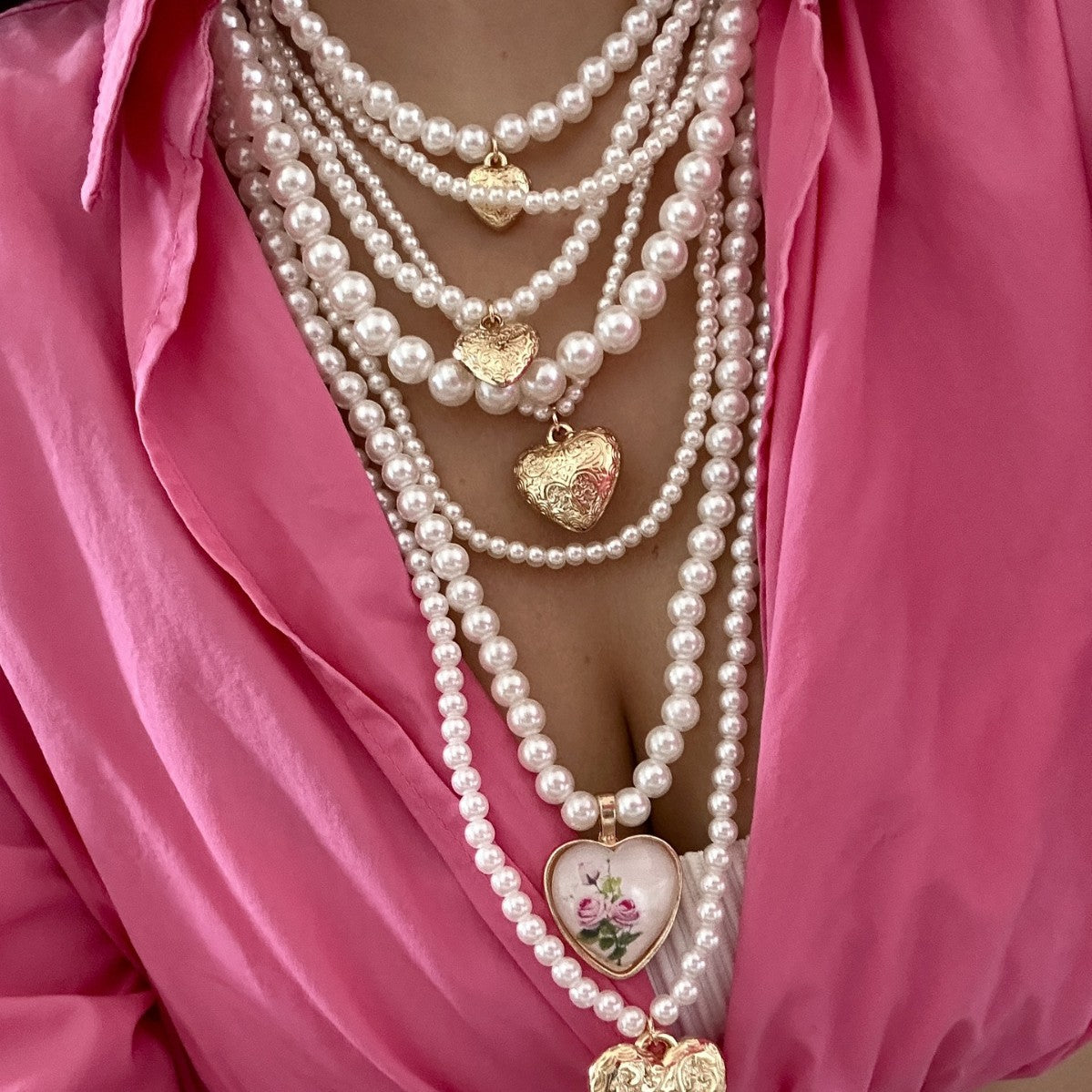 Collar de imitación de perlas de aleación pulida con corazón estilo barroco vintage Hip-hop para mujer