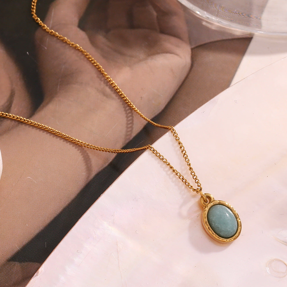 Collana pendente da donna in acciaio inossidabile stile vintage, placcata in oro 18 carati con ciondolo geometrico ovale in pietra Dongling grigia e catena regolare