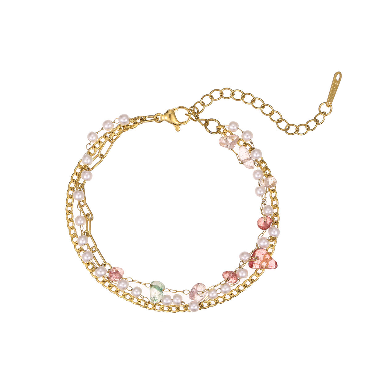 Fashionable Minimalist Stainless Steel Triple Chain Bracelet with Natural Stone Accents and Adjustable Closure for Women