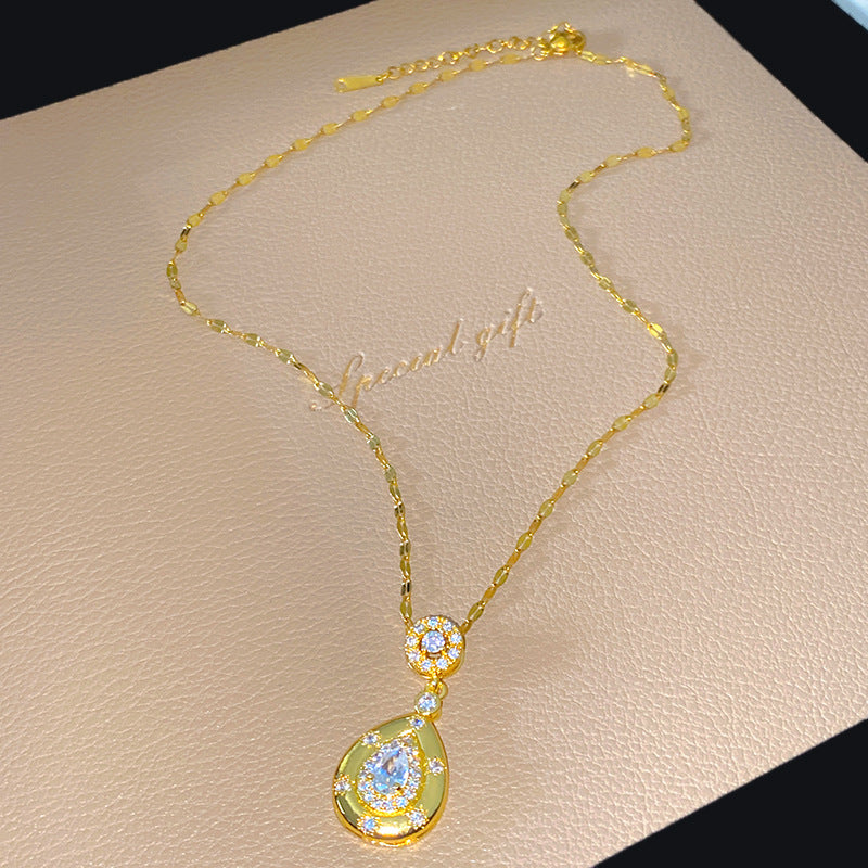 Sweet Sporty Teardrop Floral Gold Plated Titanium Steel Necklace with Cubic Zirconia Brass Pendant