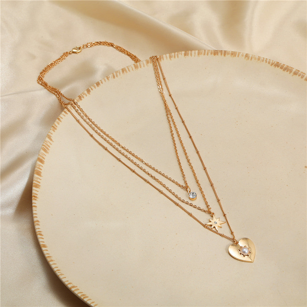 Fashion Gold Plated Alloy Multi-Layer Snake Chain Necklace with Heart and Star Pendants for Women