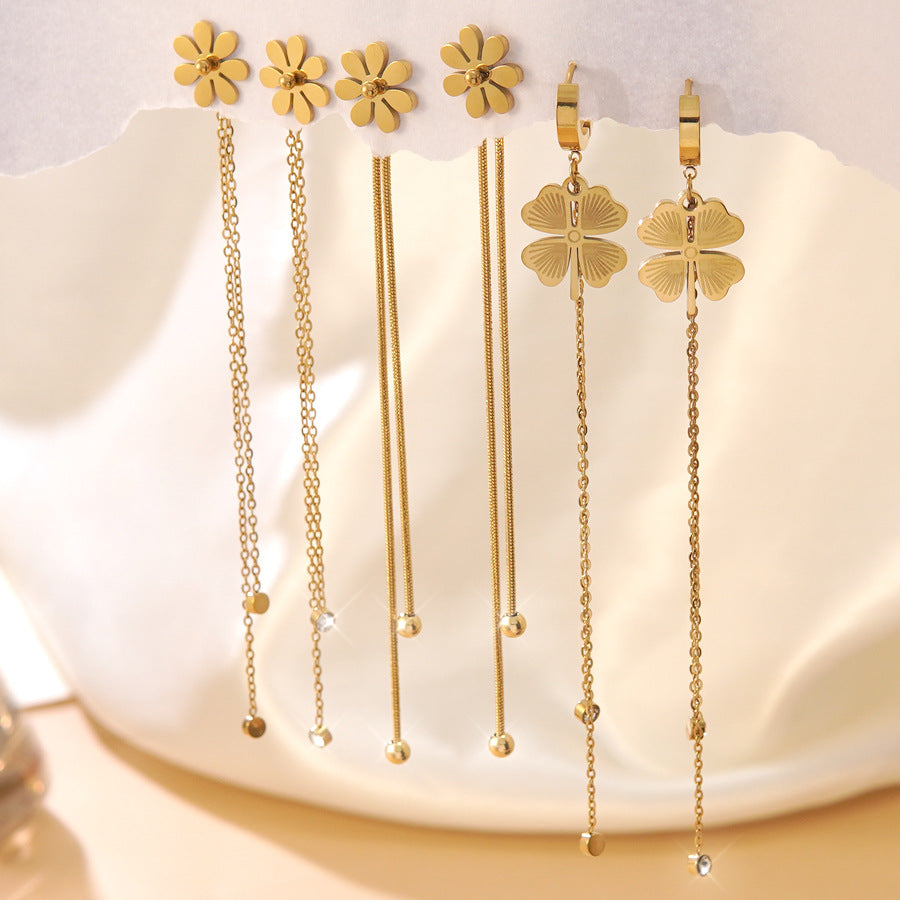 Elegant Stainless Steel Four-Leaf Clover Earrings with Cubic Zirconia and Tassel Design for Women