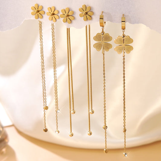 Elegant Stainless Steel Four-Leaf Clover Earrings with Cubic Zirconia and Tassel Design for Women