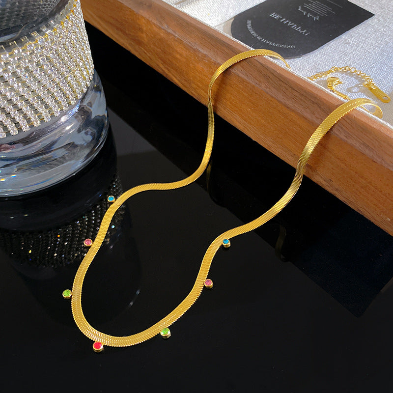 Sweet Streetwear Geometric Titanium Steel PVD Necklace with Cubic Zirconia and Flat Snake Chain