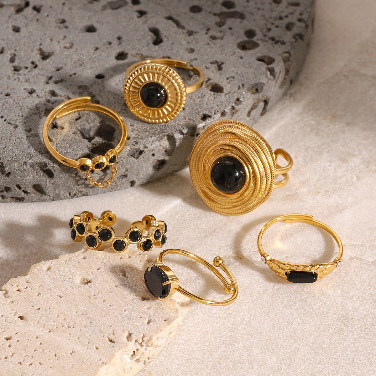 Anello in Agata Nera a Forma di Serpente alla Moda in Acciaio Inossidabile con Finitura Galvanica per Donna
