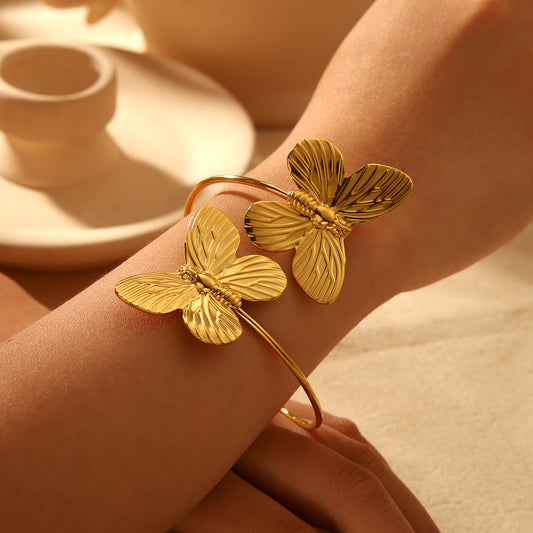Minimalist Butterfly-Shaped Stainless Steel Bracelet with Plated Finish for Women, Adjustable Open Bangle Jewelry