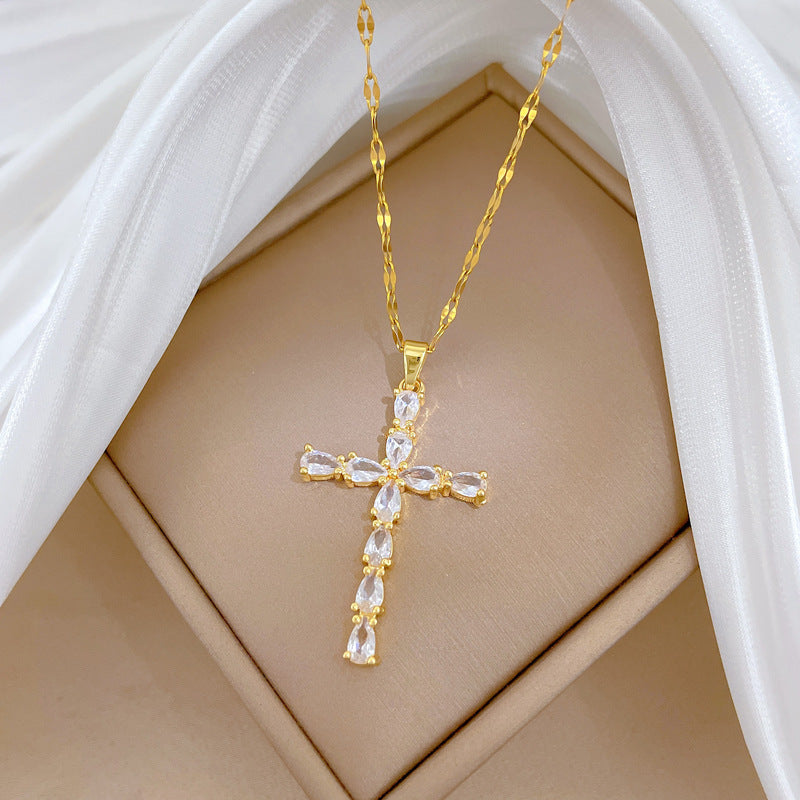 Sweet Teardrop Cross Rhinestone Titanium Steel Necklace for Unisex