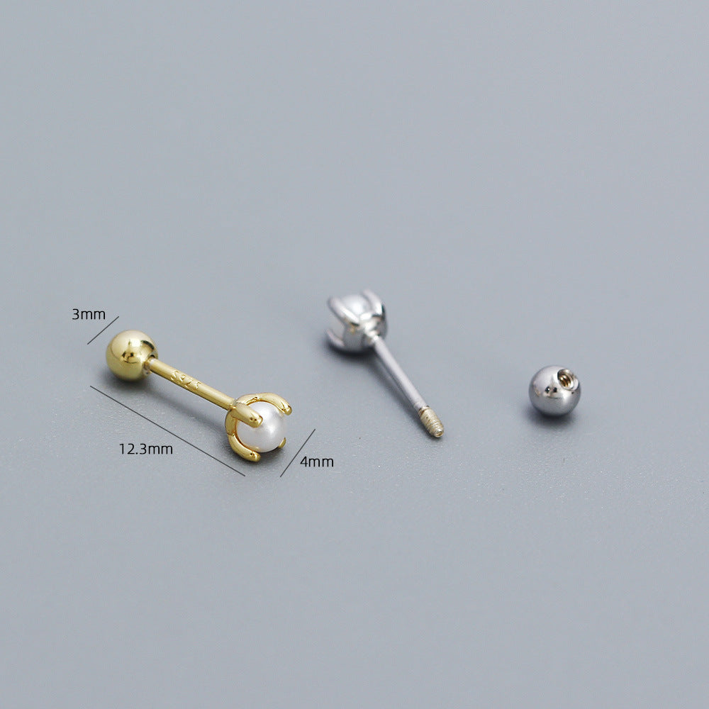 Sweet 925 Sterling Silver Round Geometric Plated Pearl Stud Earrings