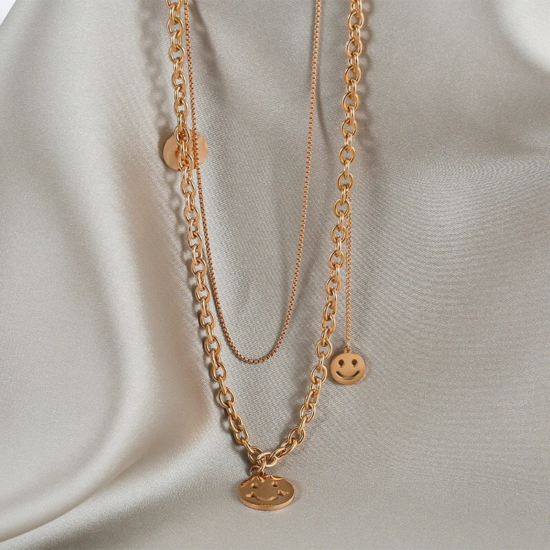 Cute Geometric Smiley Face Double-Layer Titanium Steel Necklace for Women with Plated Finish and Cross Chain Style