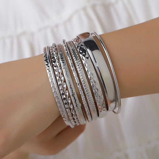 Bohemian Geometric Round Plated Alloy Bangle Set