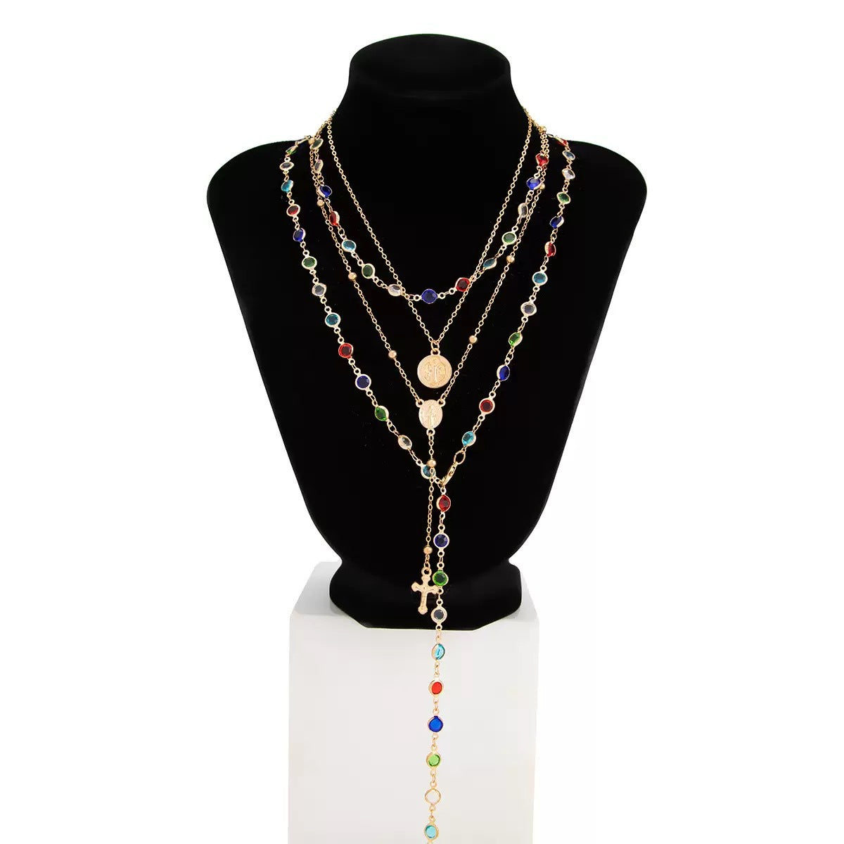 Collar con colgante de aleación de cruz geométrica con incrustaciones de diamantes de imitación informal con cadena en capas para unisex