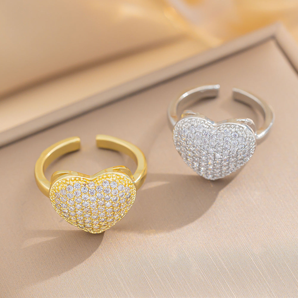 Anello Aperto Regolabile di Lusso Minimalista a Forma di Cuore in Zirconia per Donne in Rame Placcato Oro