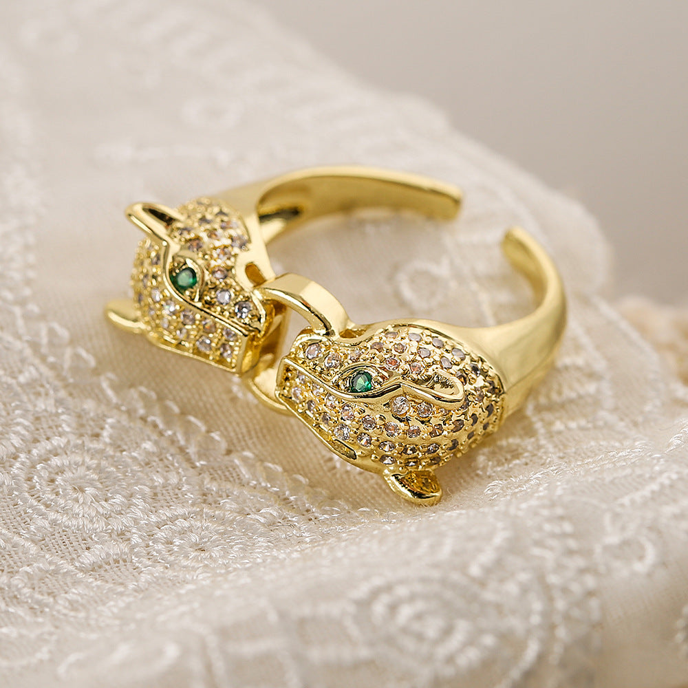 Hip Hop Style Leopard-Shaped Geometric Ring for Women in Brass with 18K Gold Plating and Zircon Inlay