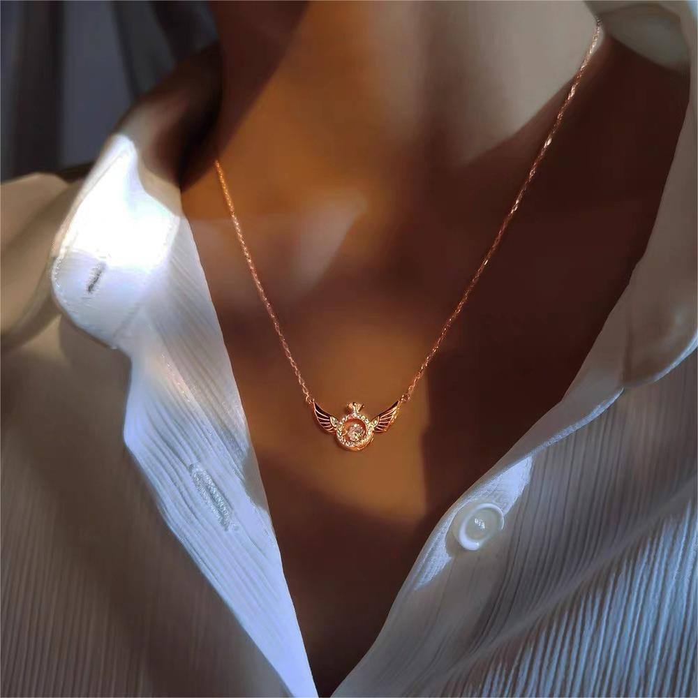 Minimalist Angel Wing Pendant Necklace for Women with Titanium Steel Chain and Micro-Paved Zirconia Crown Accent