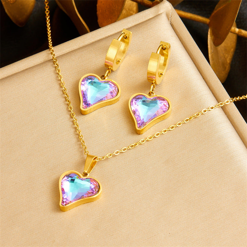 Fashion Office Chic Plated Stainless Steel Heart Pendant Necklace and Earrings Set with Rhinestone Accents