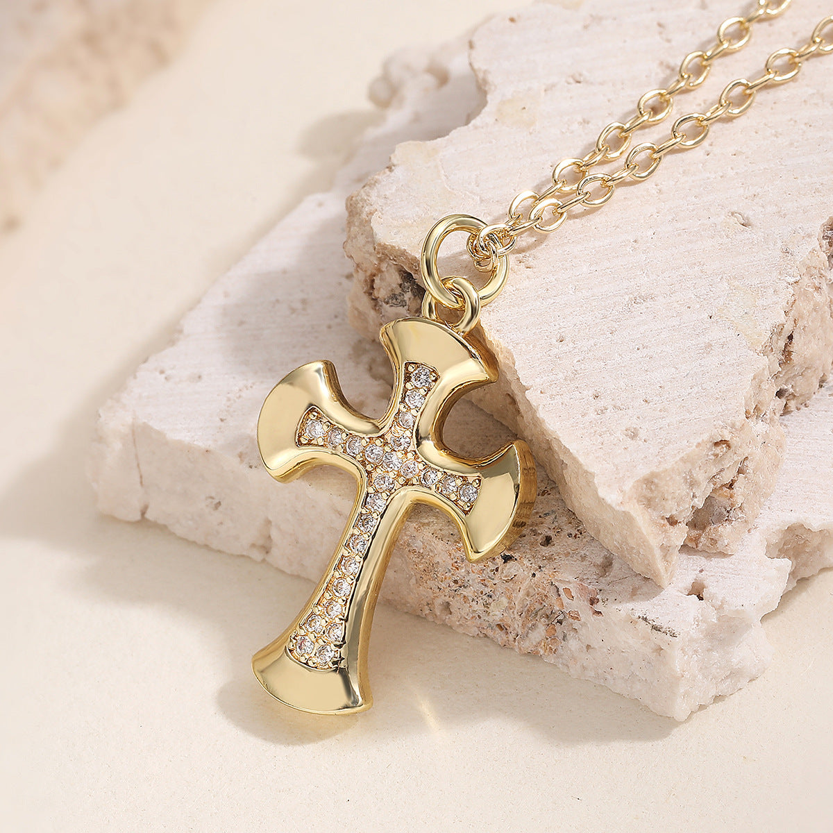 Minimalist 18K Gold Plated Brass Cross Pendant Necklace with Cubic Zirconia for Women