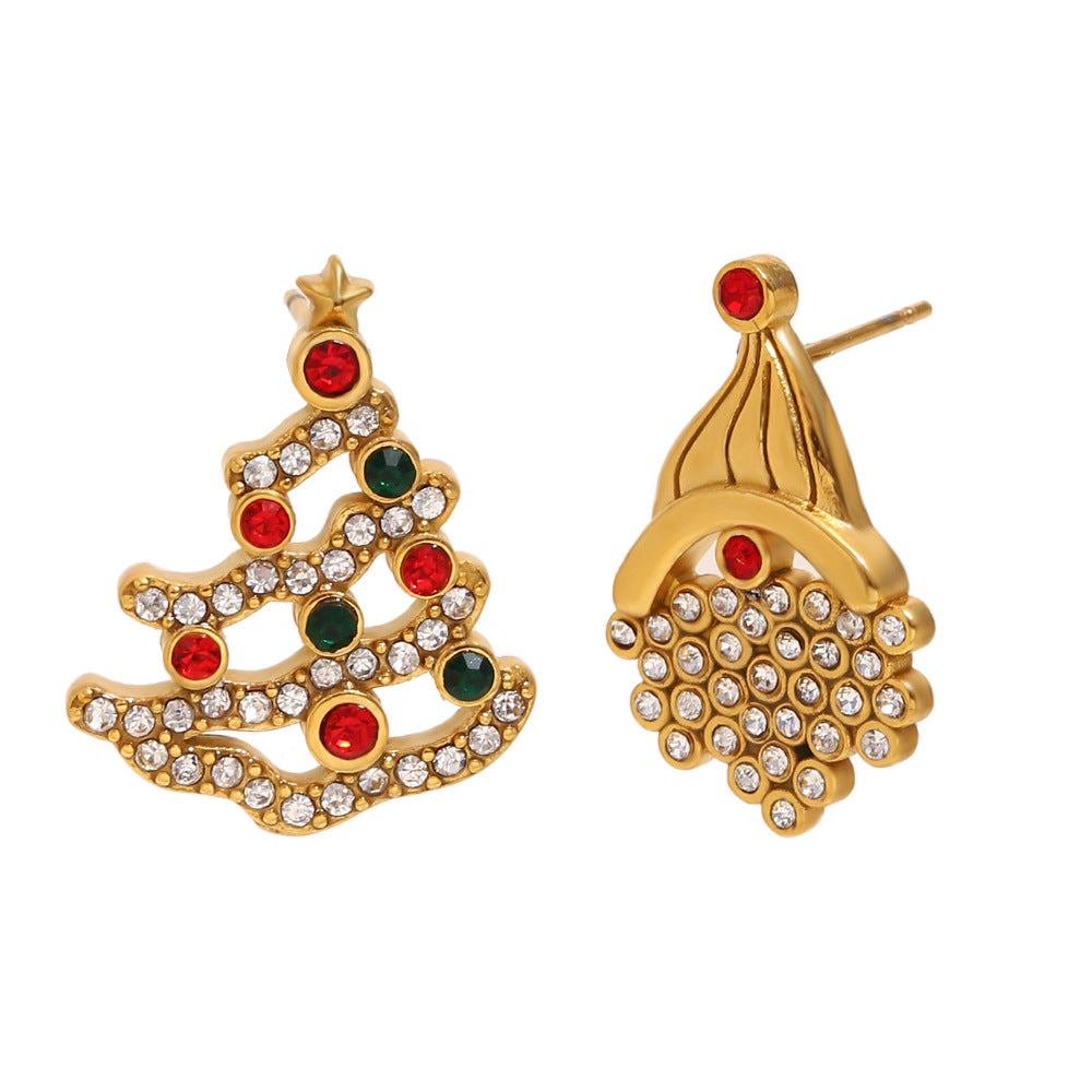 Orecchini da donna minimalisti geometrici a tema natalizio in acciaio inossidabile con placcatura in oro 18 carati e dettagli in strass colorati