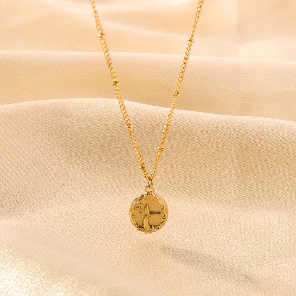 Collana da donna a doppio lato con sirena minimalista in acciaio al titanio, con catena a maglie in oro