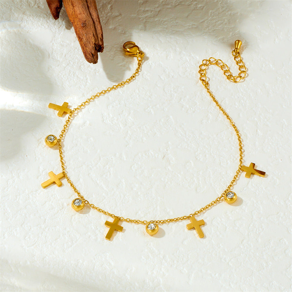 Casual Rhinestone Inlaid Round Cross Tree of Life Hollow Stainless Steel Anklet for Women