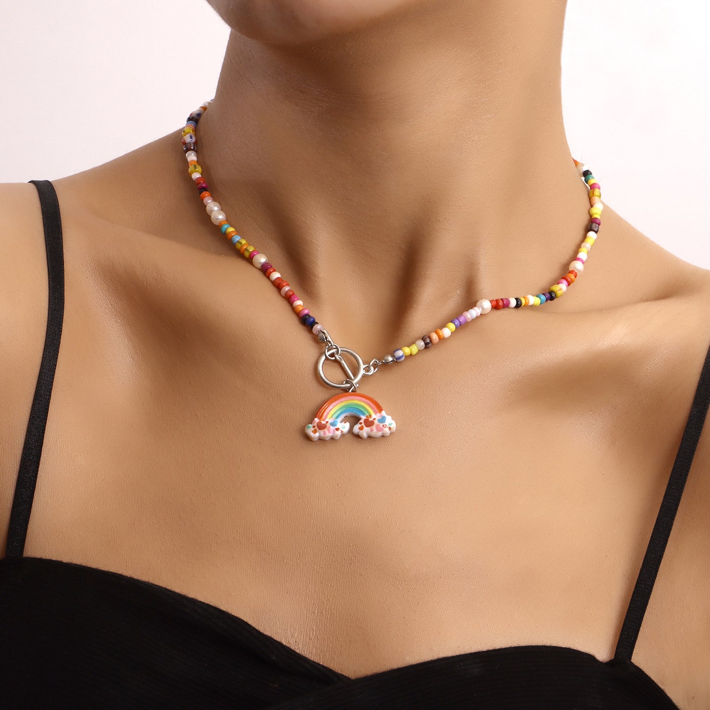 Bohemian Rainbow Beaded Geometric Pendant Necklace for Women with Gold-Plated Alloy and OT Clasp