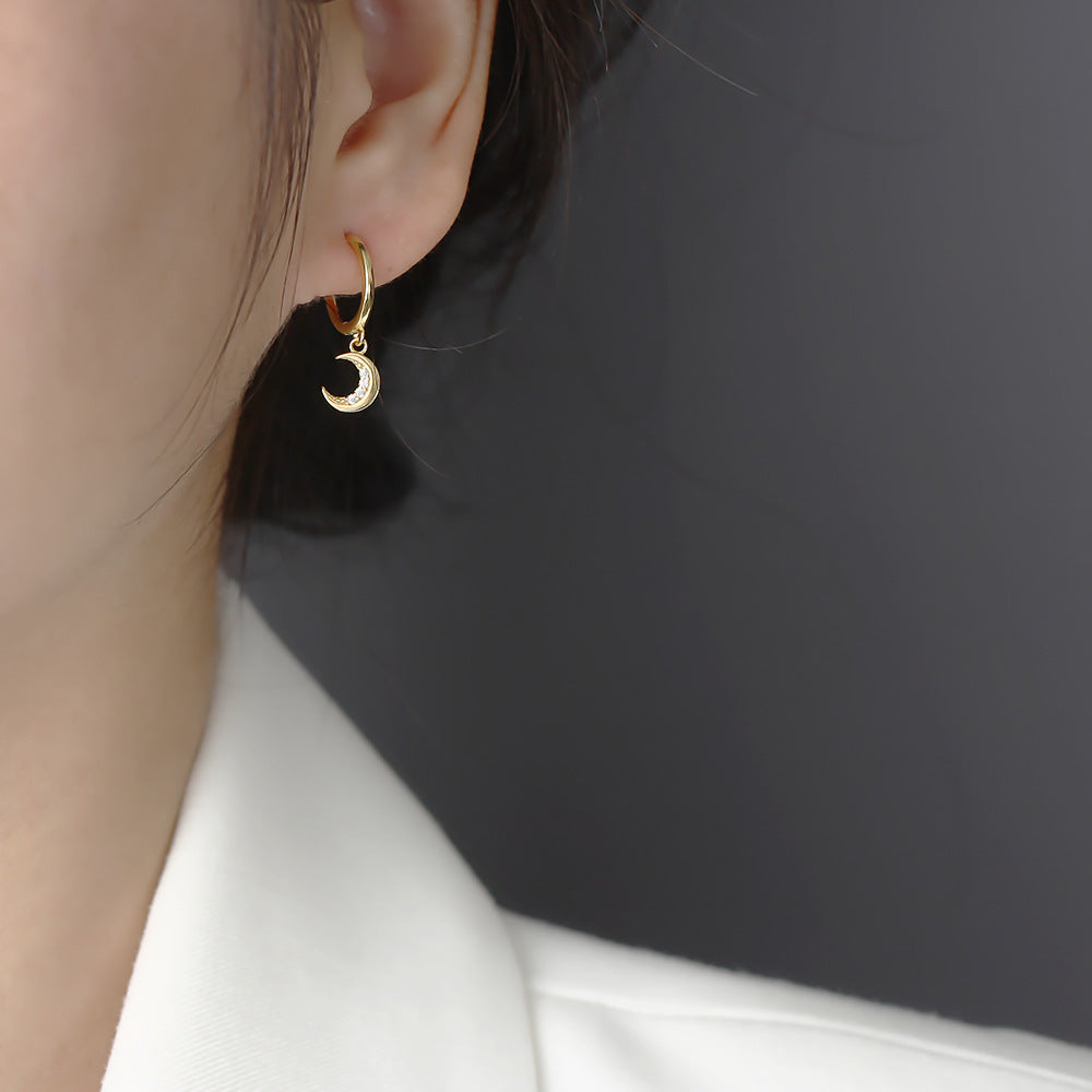 Minimalist Moon-Shaped S925 Sterling Silver Stud Earrings with Rhinestone Inlay for Women