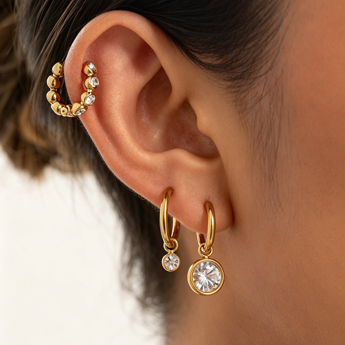 Minimalist Geometric Round Rhinestone Inlaid PVD Stainless Steel Earrings for Women