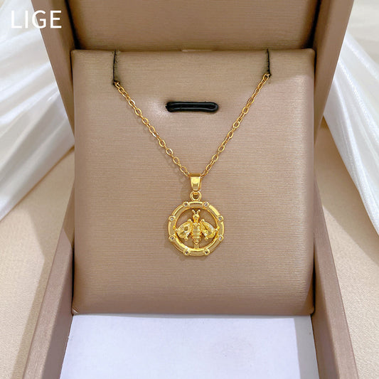 Minimalist Round Bee Pendant Necklace for Women Stainless Steel Chain with Zircon Inlay Elegant Clavicle Jewelry
