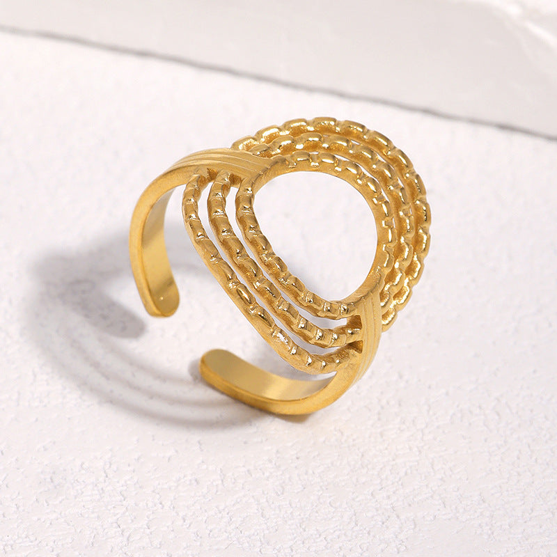 Elegant Minimalist Geometric Round Textured 18K Gold Plated Stainless Steel Open Ring for Women