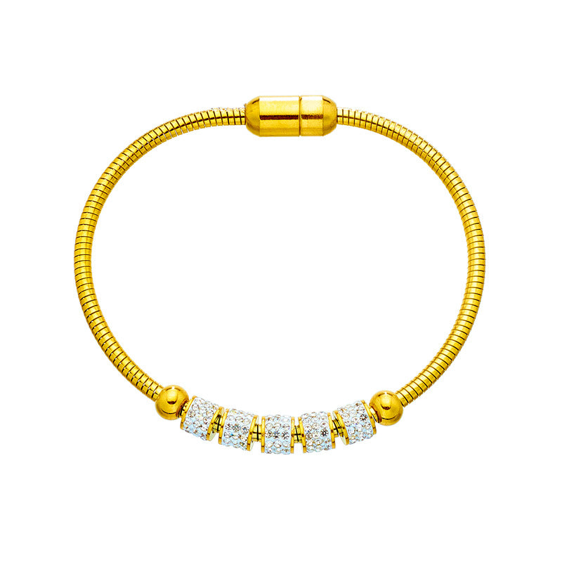 Minimalist Titanium Steel Bracelet with Magnetic Clasp and Rhinestone Accents for Women
