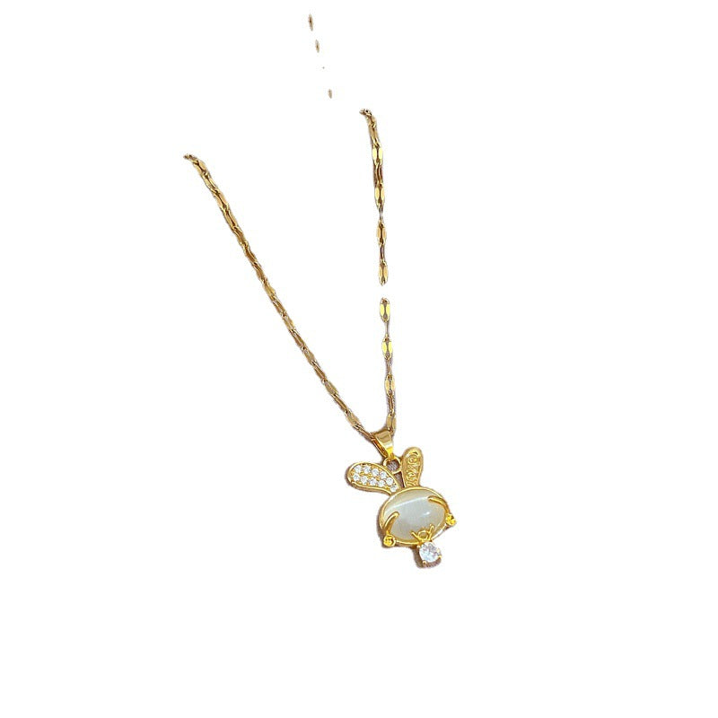 Luxury Rabbit Pendant Necklace in Titanium Steel with Micro-Pavé Zirconia and Cat's Eye Stone, Geometric Design, Gold-Plated Copper Accent, Minimalist Ins Style