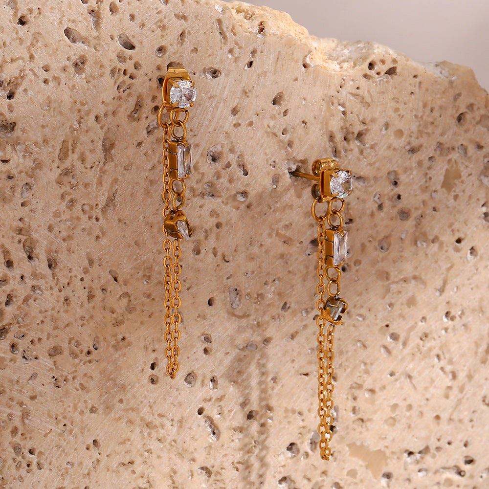 Minimalist Geometric Stainless Steel Ear Cuffs with Zircon Accents and Chain Detail for Women