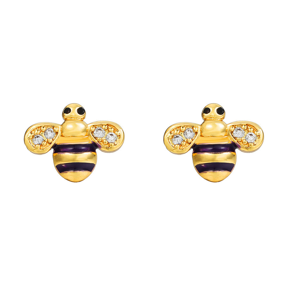 Unique Drip Oil Rainbow Floral Lips Bee Brass Cubic Zirconia Stud Earrings for Women