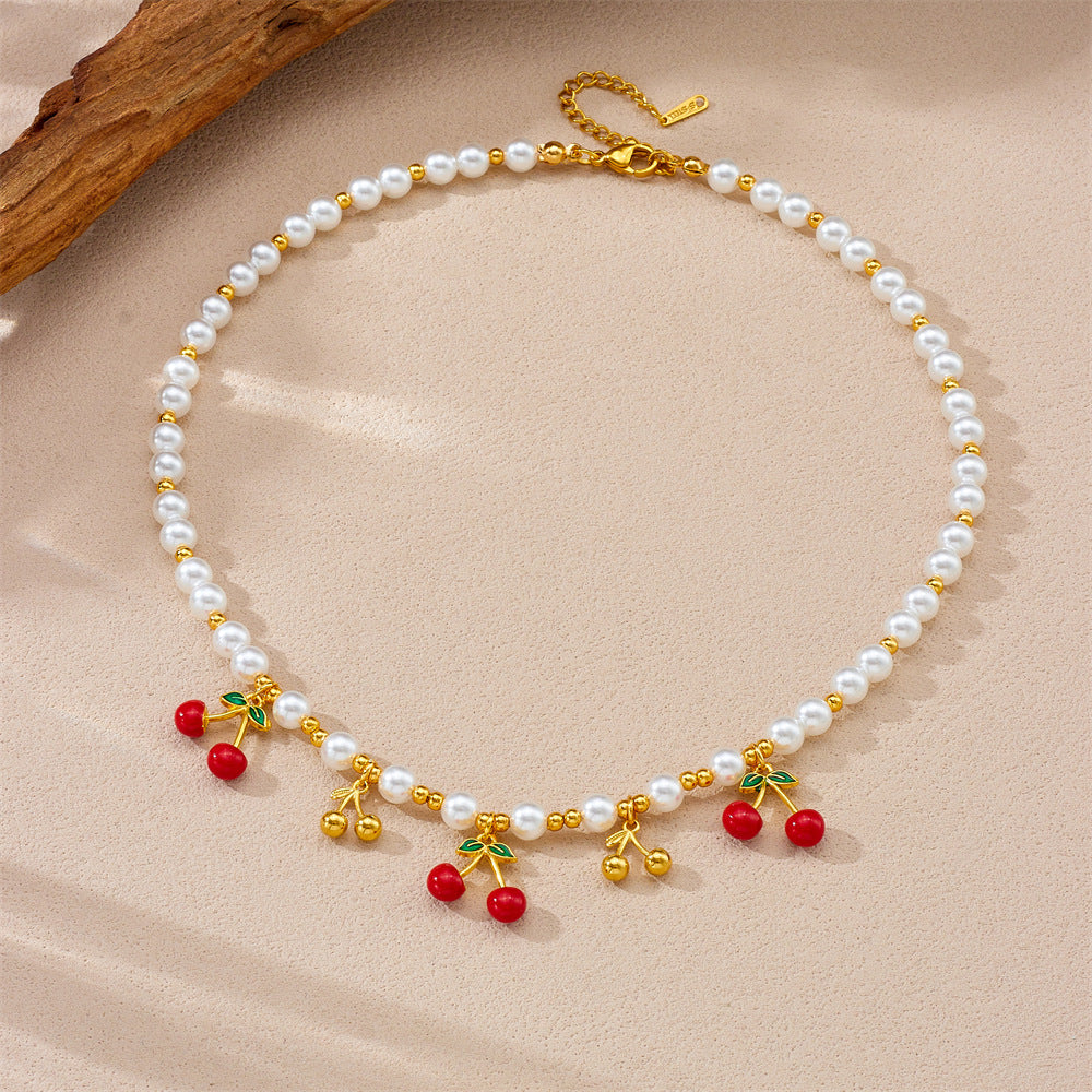 Cherry-Shaped Enamel Pendant Necklace for Women with Stainless Steel Chain Fresh Sweet Everyday Choker