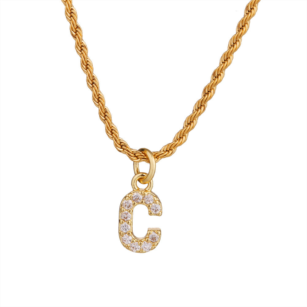 Collar con colgante de letra para mujer, minimalista, de moda, cadena trenzada de acero inoxidable con baño de oro e incrustaciones de circonita